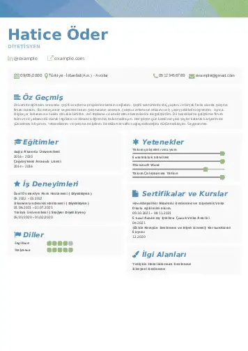 Beslenme Uzmanı Diyetisyen CV Örnekleri cv indir